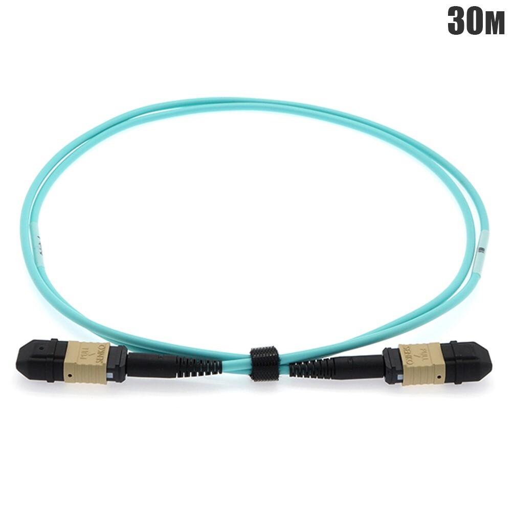 30M 12 Fiber MPO UPC Female to Female Multi Mode Fiber Optic Cable Cord OM3 Aqua