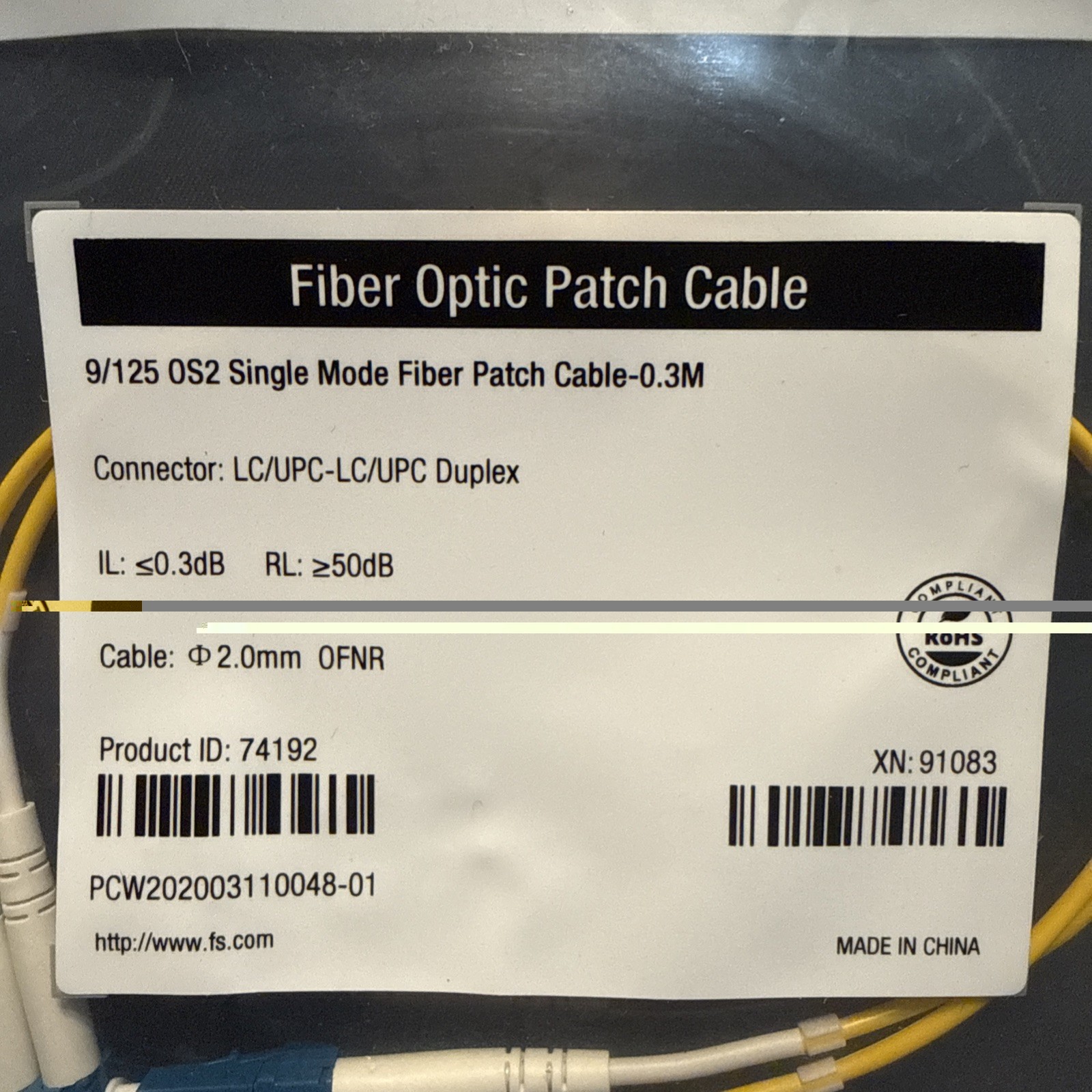 FS ~ 0.3m Fiber Patch Cable LC UPC to LC UPC Duplex, Single Mode (OS2) 2.0mm