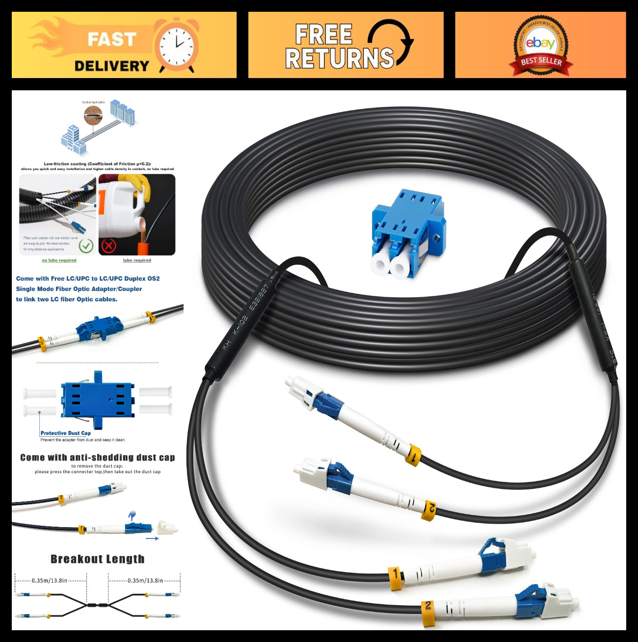 100ft Armored Outdoor Fiber Optic Cable, Single Mode LC to LC Duplex Jumper, LSZ