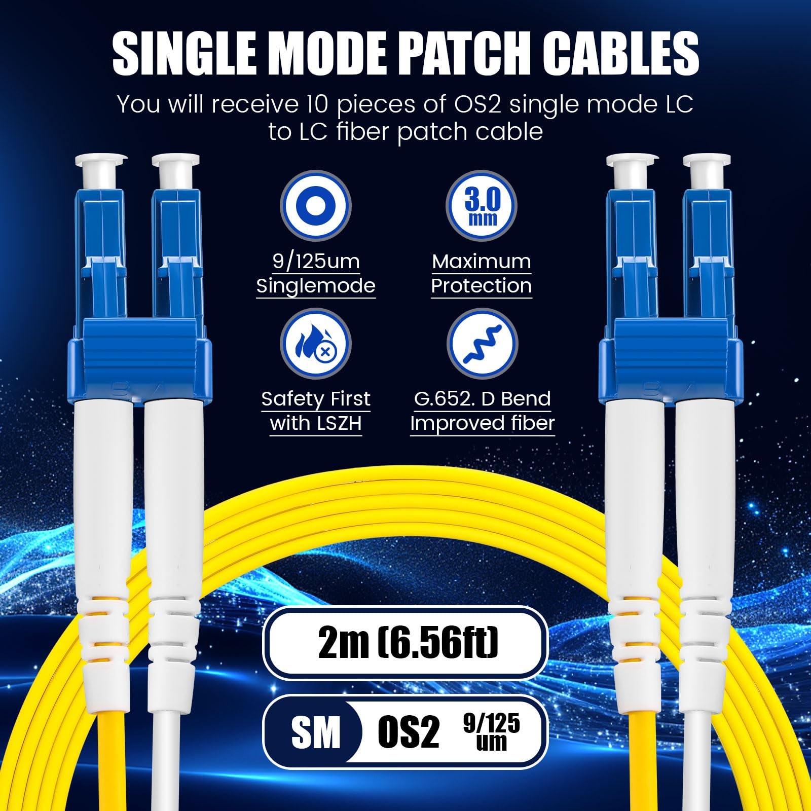 10 Pack Lc to Lc Single Mode Fiber Patch Cable 2m/6.56 ft Os2 Single Mode Fib…