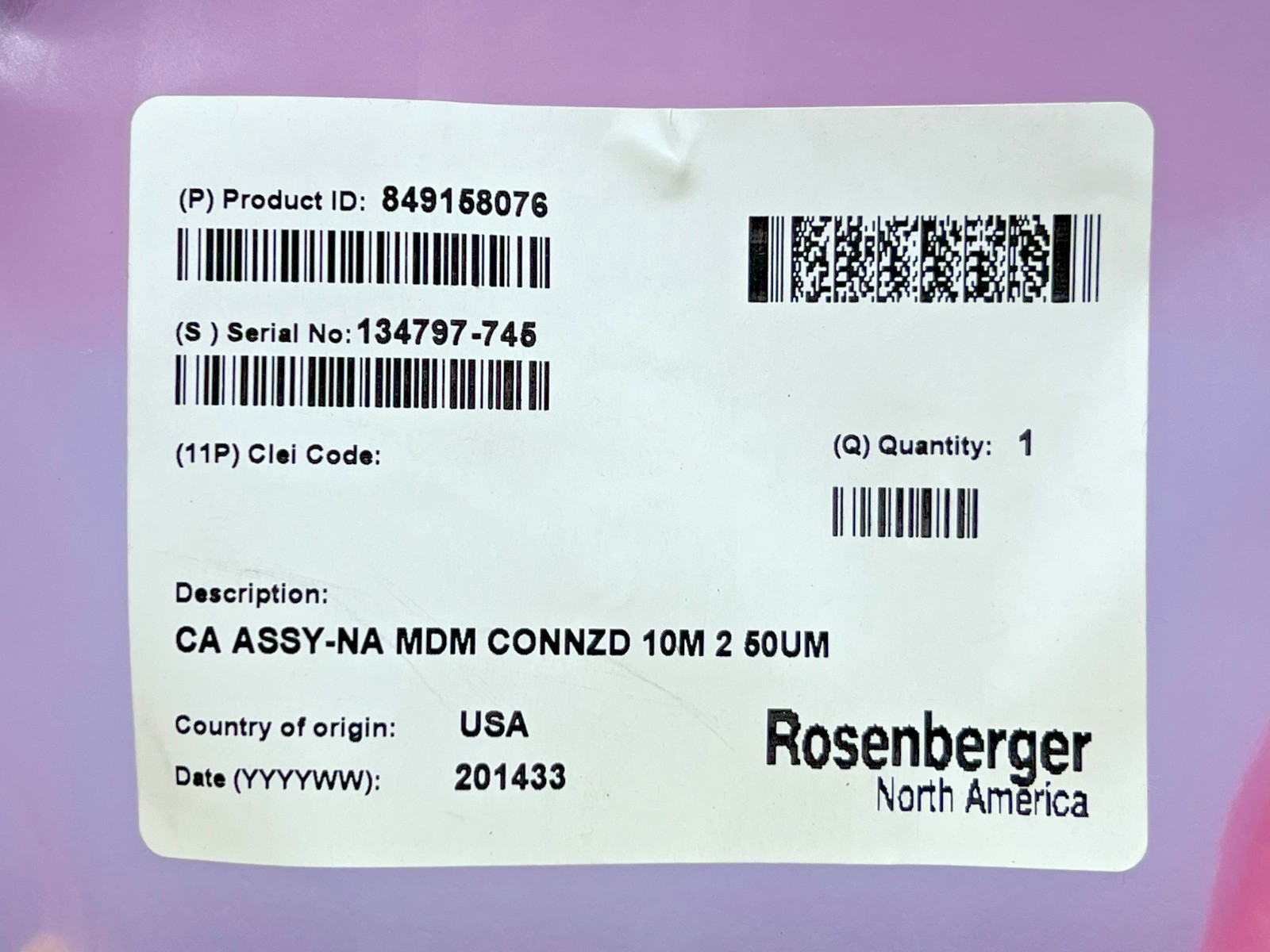 *Rosenberger 849158076 Fiber Optical Cable Assembly 10M
