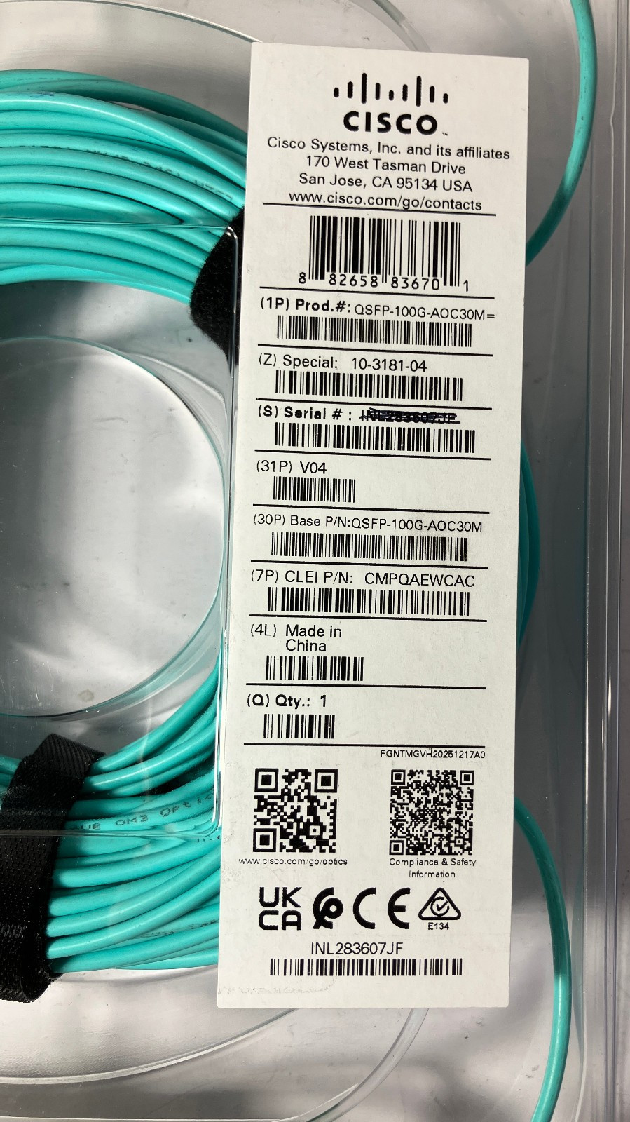 Genuine Cisco QSFP-100G-AOC30M 30M Active Optical Cable 100G QSFP AOC Cable