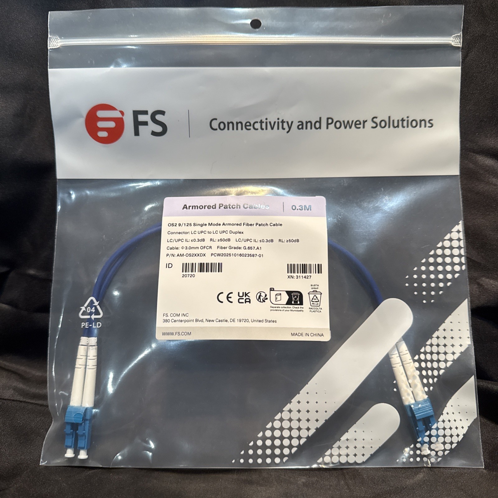 FS ~ 0.3m Armored Fiber Patch Cable LC UPC to LC UPC Duplex OS2 Single-Mode
