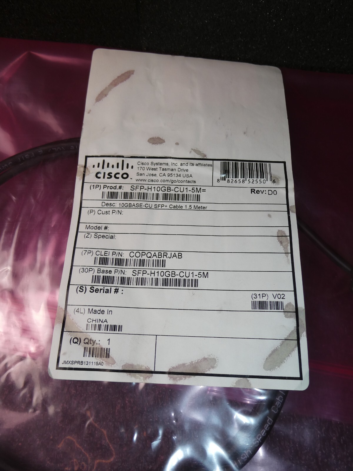 Genuine Cisco SFP-H10GB-CU1-5M 10GBase-CU SFP+ Cable 1.5M