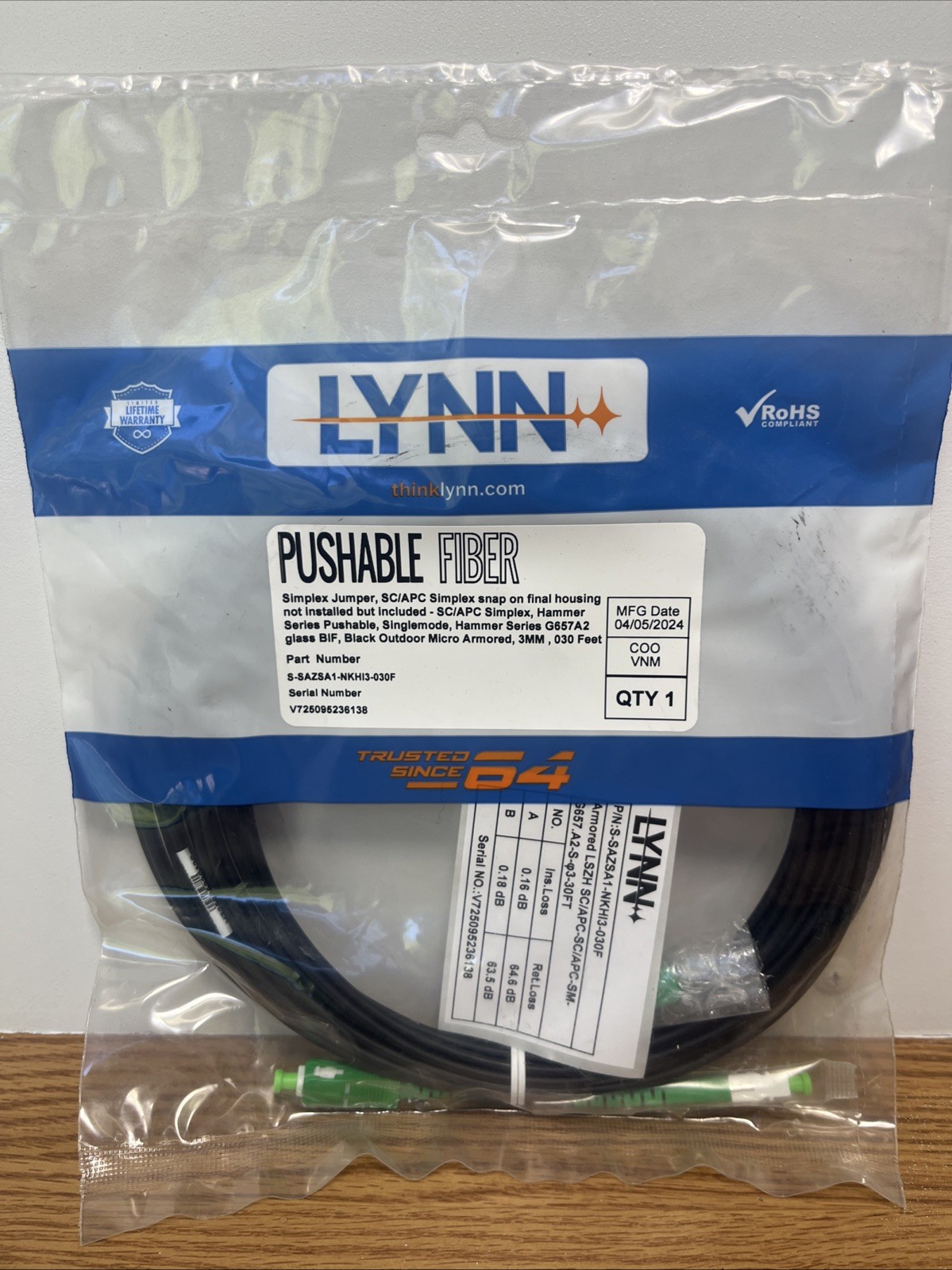 LYNN S-SAZSA1-NKHI3-030F PUSHABLE FIBER CABLE SIMPLEX JUMPER SC/APC 30ft