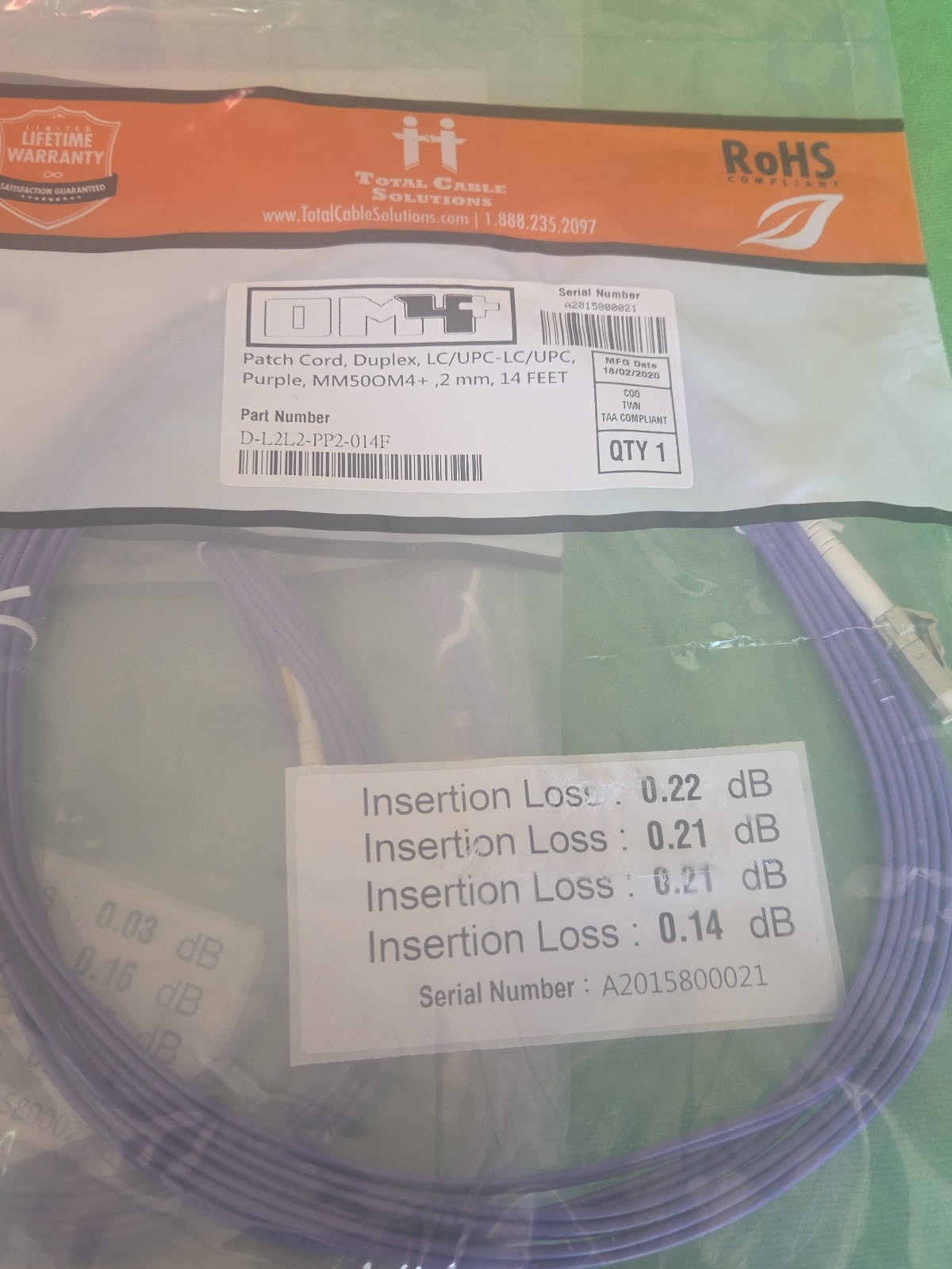 OM4 LC/UPC- LC/UPC Fiber Patch MM Duplex Purple 50/125 14 FT LOT OF 10 PCS NEW