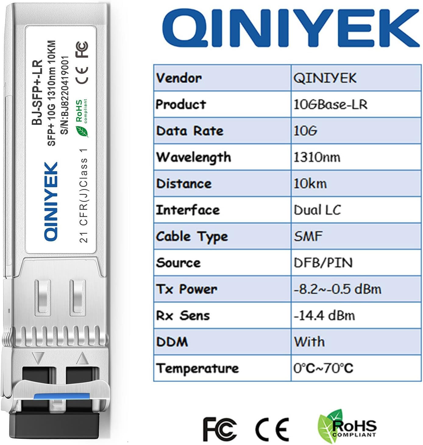 10 pack QINIYEK 10G BaseLR SFP+ FIBER Transceiver 1310nm ubiquiti cisco meraki