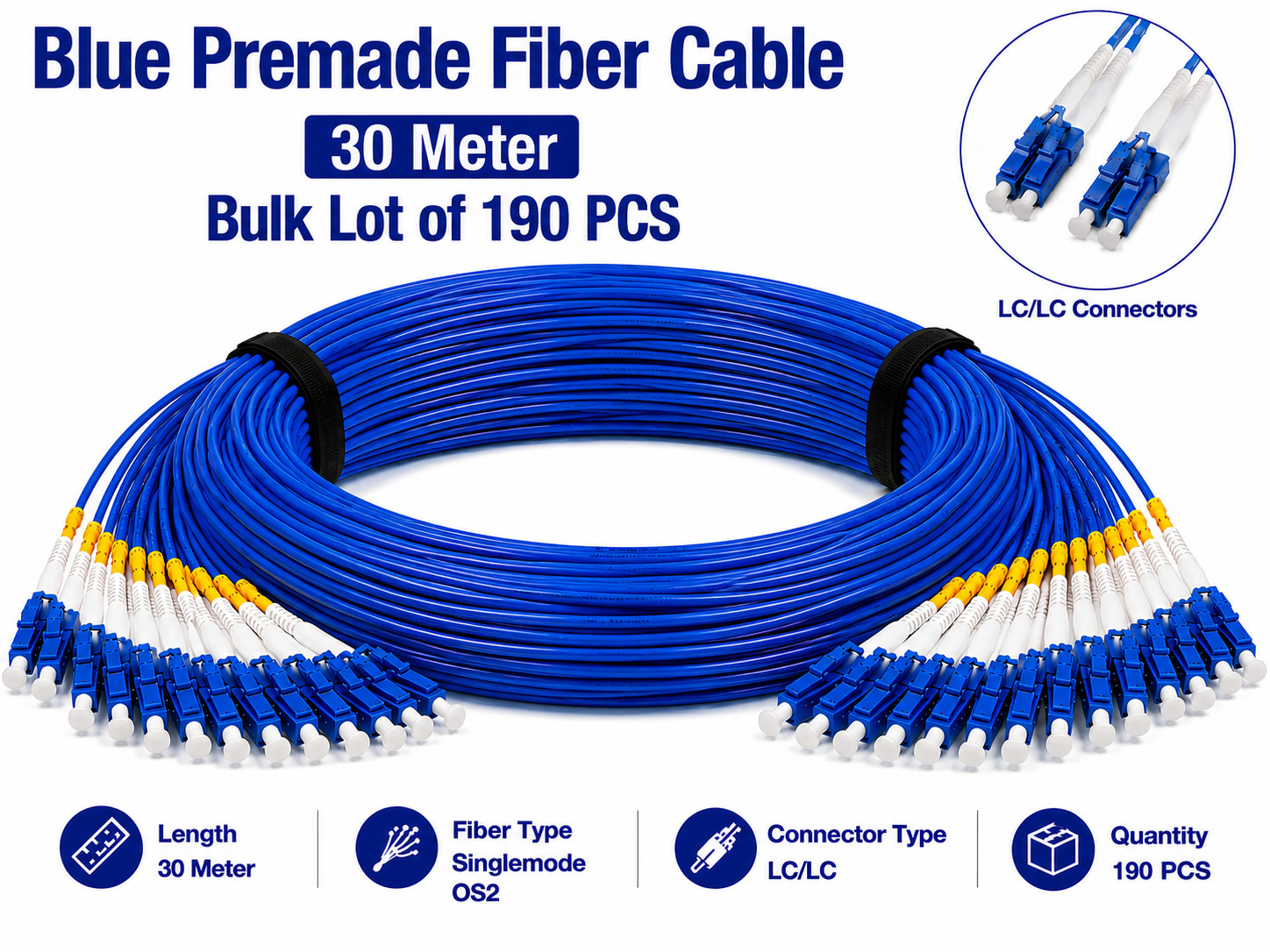Blue Premade Fiber Cable 30 Meter – Bulk Lot of 190 PCS