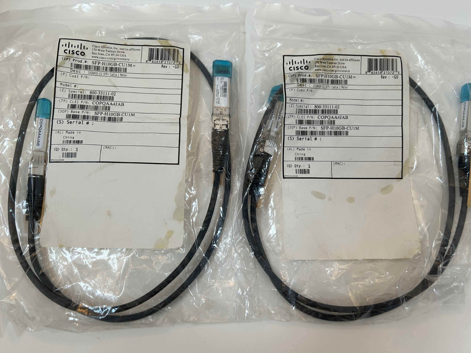 NEW 2 x Cisco SFP-H10GB-CU1M 10GBASE-CU SFP+ Cable 1 Meter Direct Attach Cable