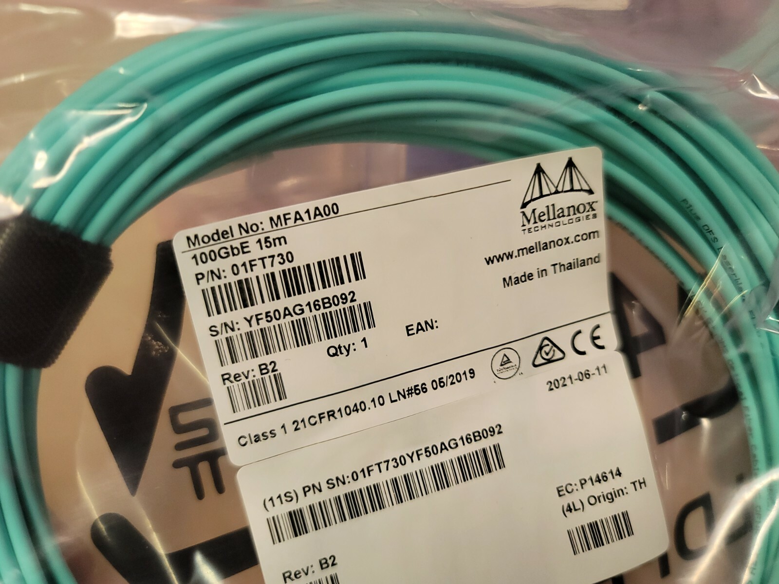 MFA1A00 01FT730 Mellanox AOC Cable IB EDR up to 100Gb/s QSFP 15M