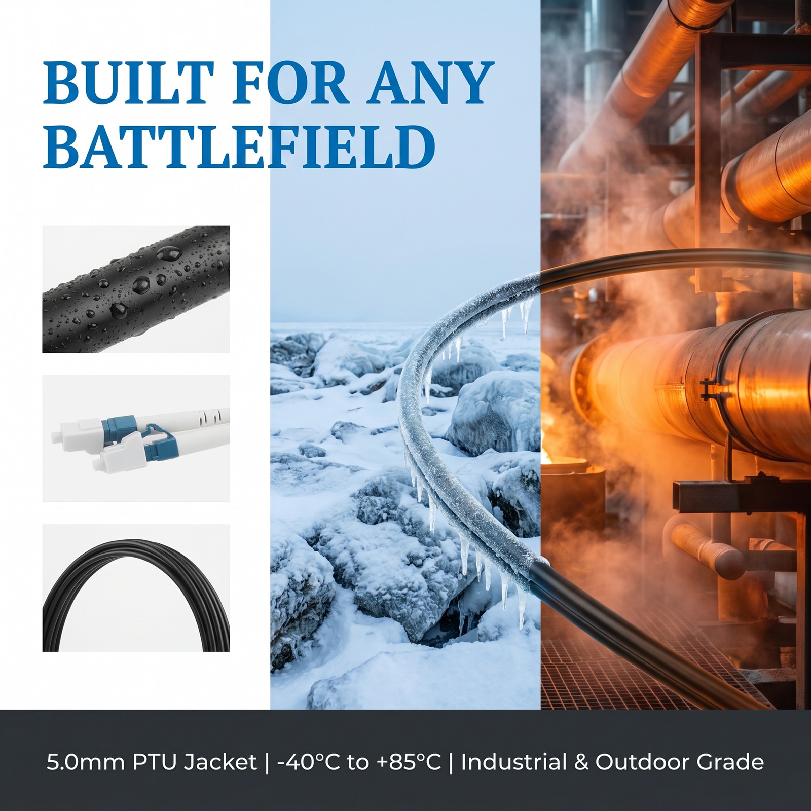OS2 LC to LC Duplex Single Mode Outdoor Armored Fiber Patch Cable, TPU 30M-150M