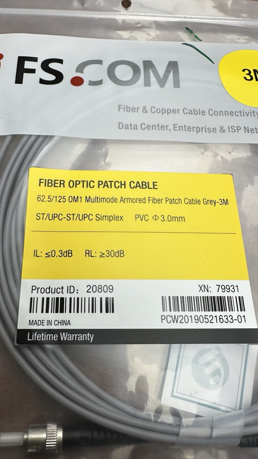 FS.com 20809 Multimode Armored Fiber Patch Cable Grey 3 Meters Long