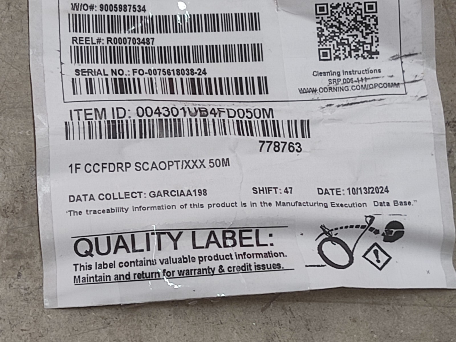 Corning 1F CCFRDP SCAOPT/XXX Fiber Optic Drop Cable 50M Reel SC/APC Connector