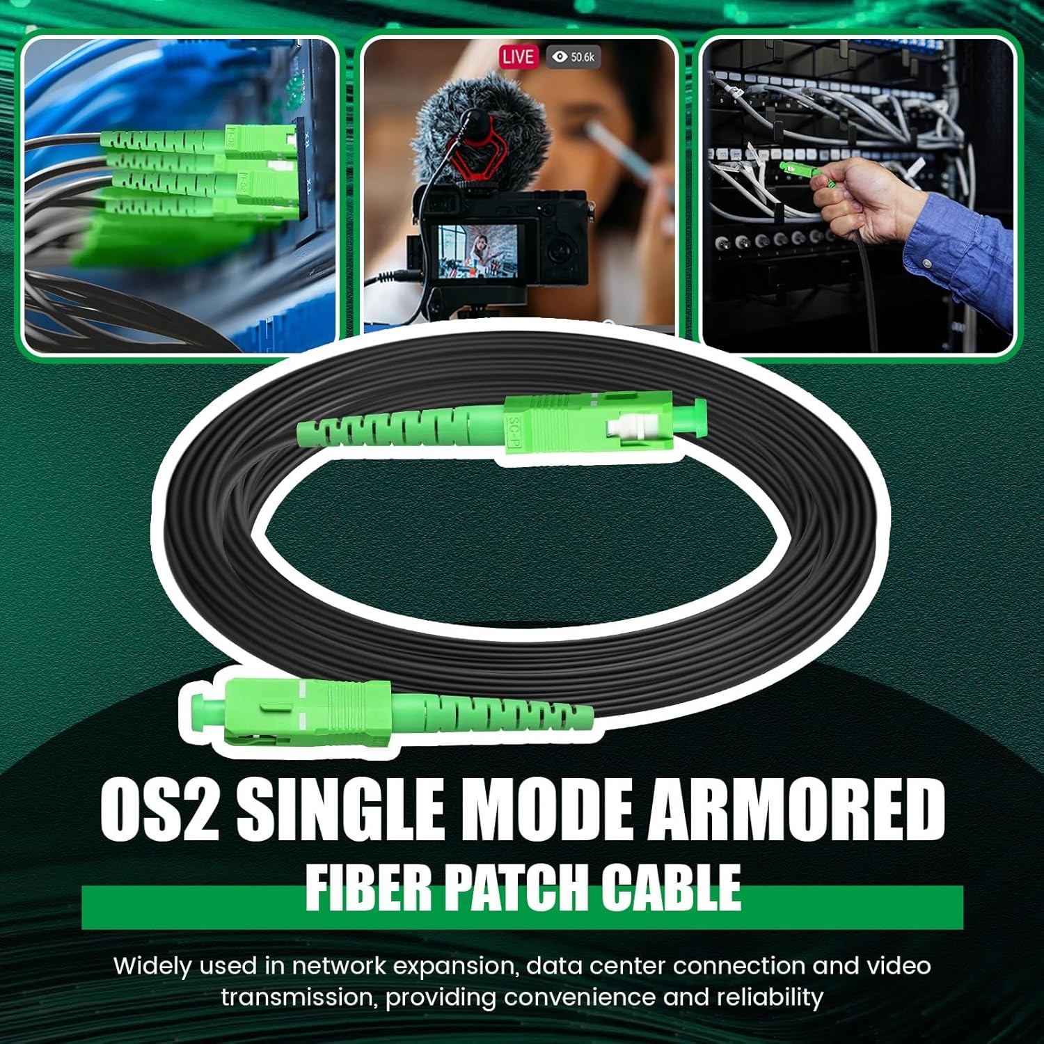 100ft Single Mode SC/APC Fiber Optic Cable OS2 Outdoor Armored 30m Fiber