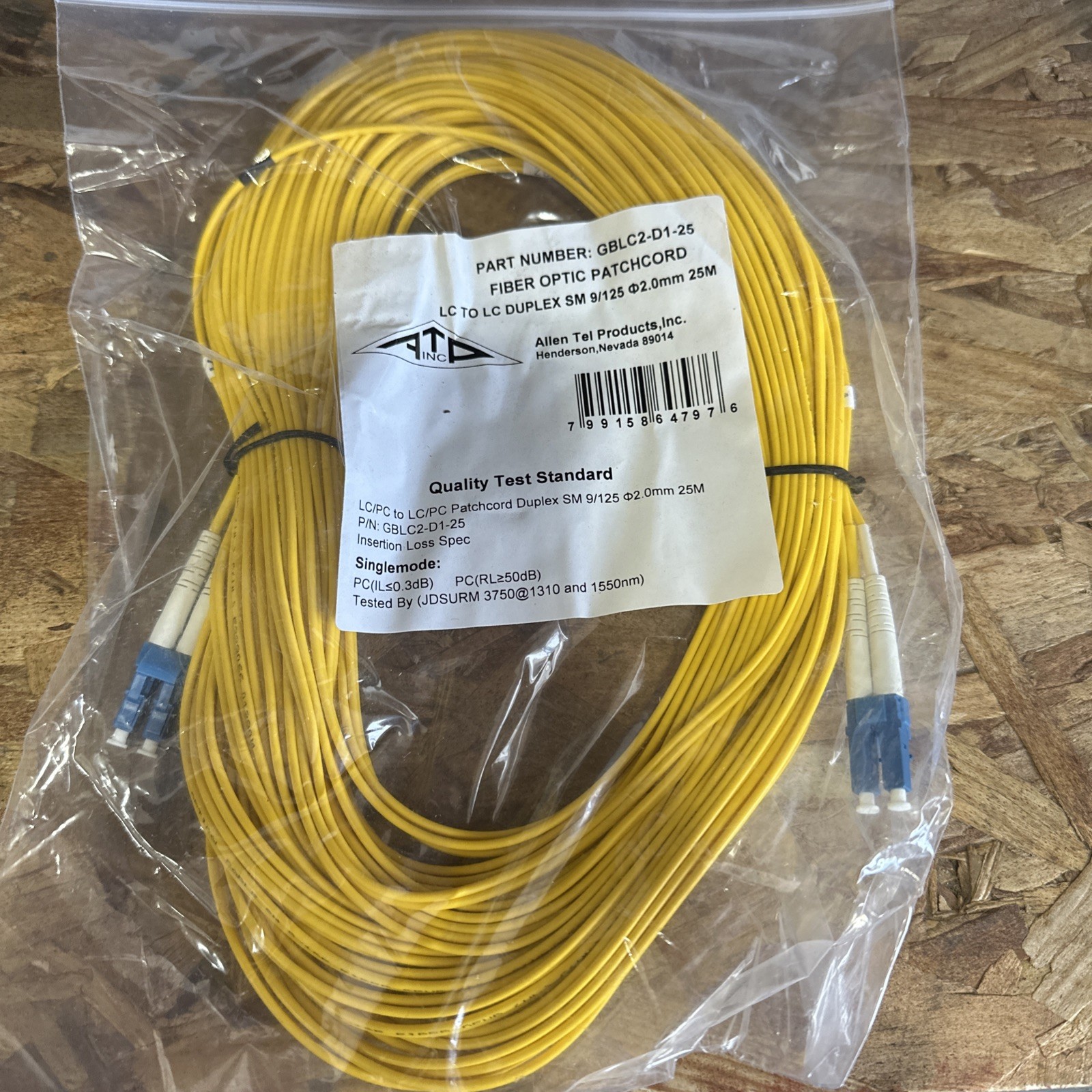 Allen Tel GBLC2-D1-25 Singlemode Duplex LC to LC Fiber Optic Patch Cord, 25 M