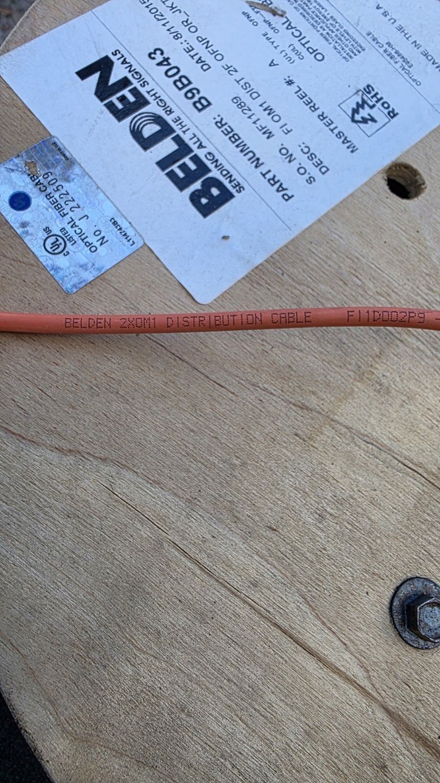 NEW 1000ft Roll of Belden B9B043 Fiber Cable, 2f Multimode OM1, 2-Fiber