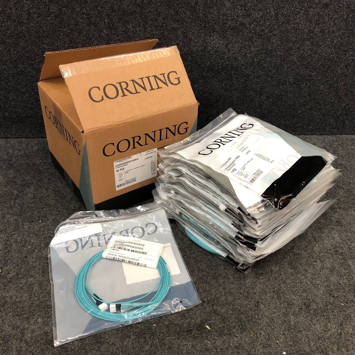 CORNING Fiber Patch Jumper Cables OM3 LC to LC Duplex Aqua Multimode, 50-Count
