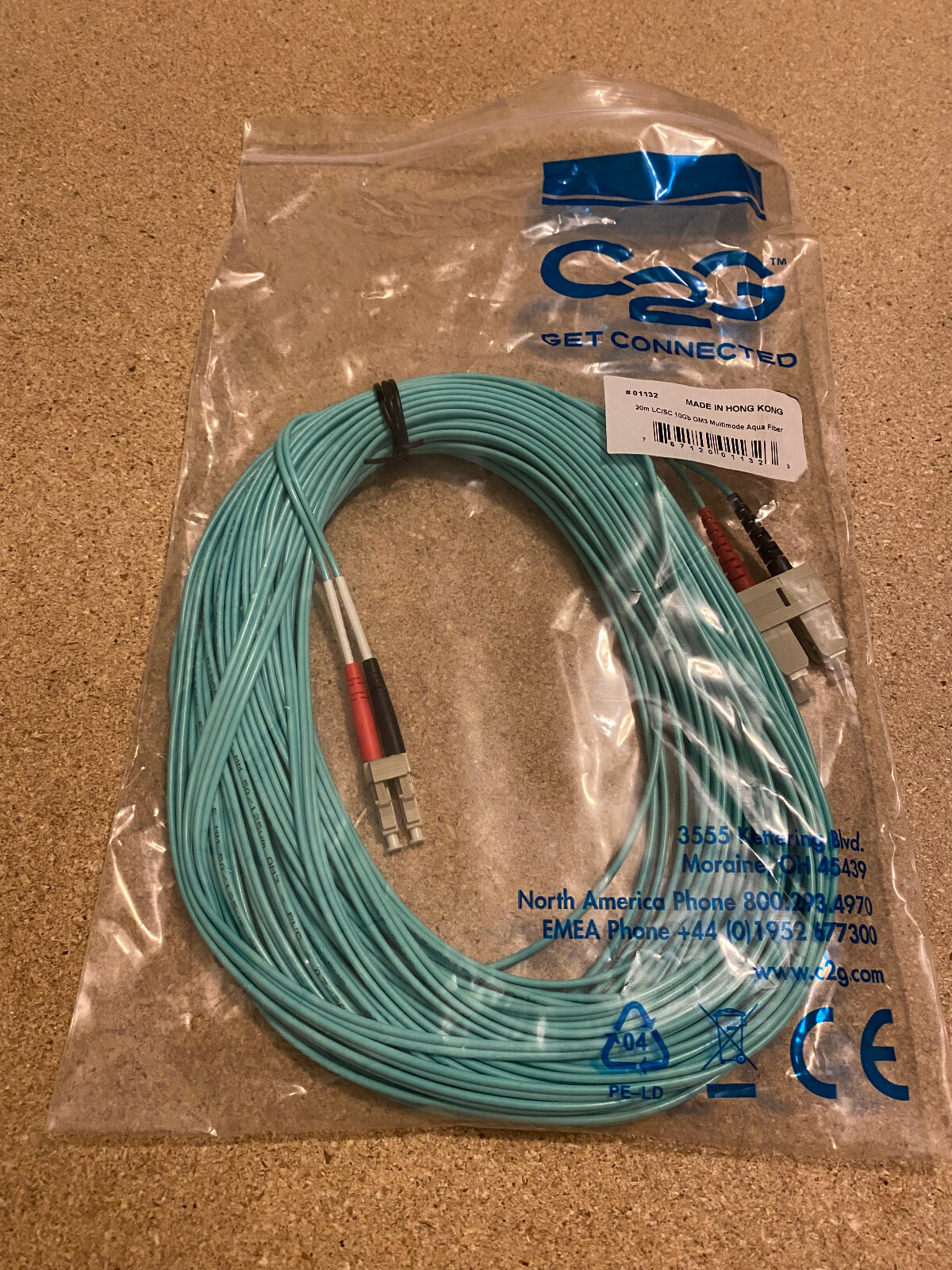 CablesToGo 20m LC/SC 10Gb OM3 Multimode Aqua Fiber Cable (#01132) – Brand New