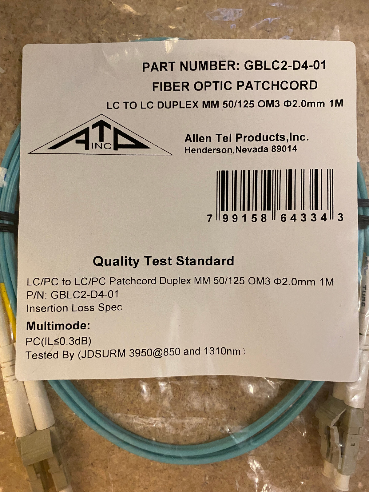Allen Tel Products ATP 1M LC-LC Patchcord Duplex MM 50/125 OM3 (GBLC2-D4-01)