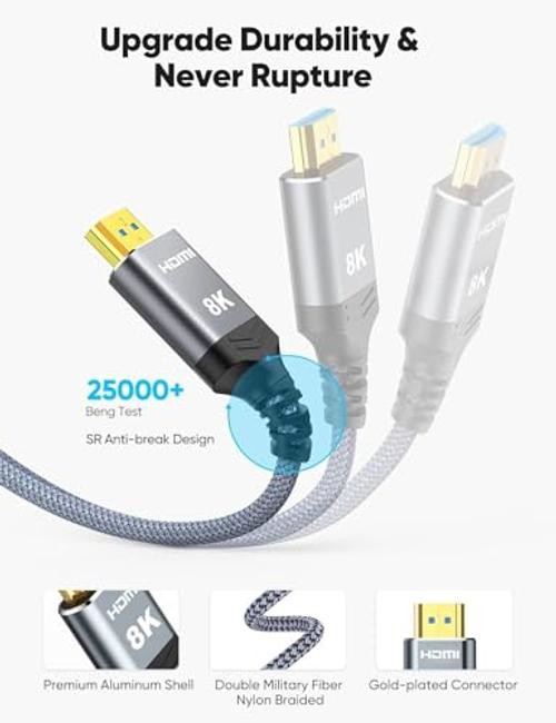 8K Fiber Optic HDMI Cable 50 FT – 2.1 Unidirectional 48Gbps – Grey