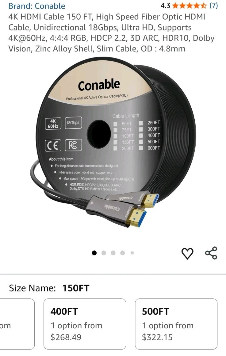 Pro 4K Active Optical Cable HDMI 2.0 600 Feet 4K@60Hz 18Gbps High Speed Fiber