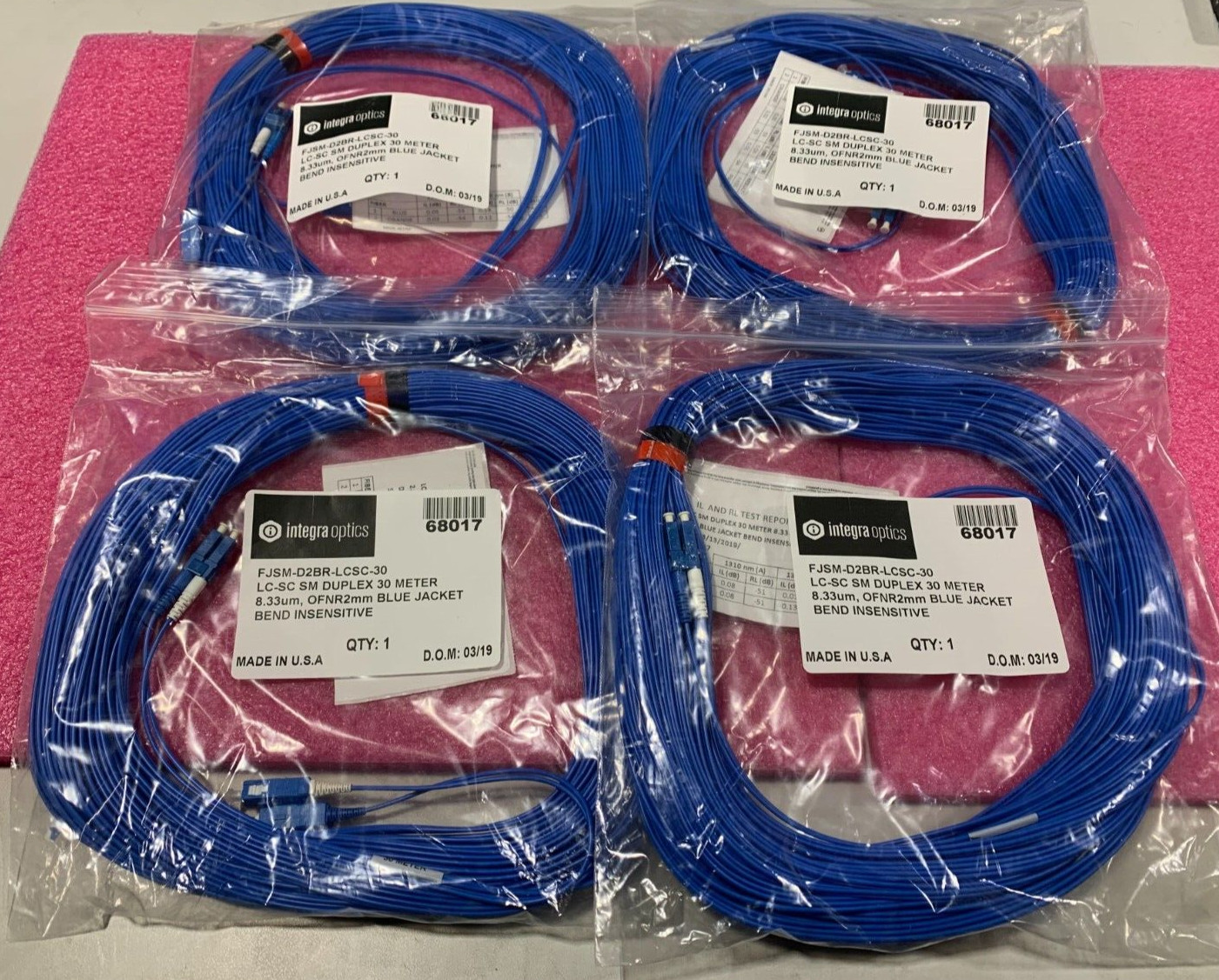 4 x Integra Optics Fiber Optic Cable FJSM-D2BR-LCSC-30 Duplex 30 Meter 8.33um