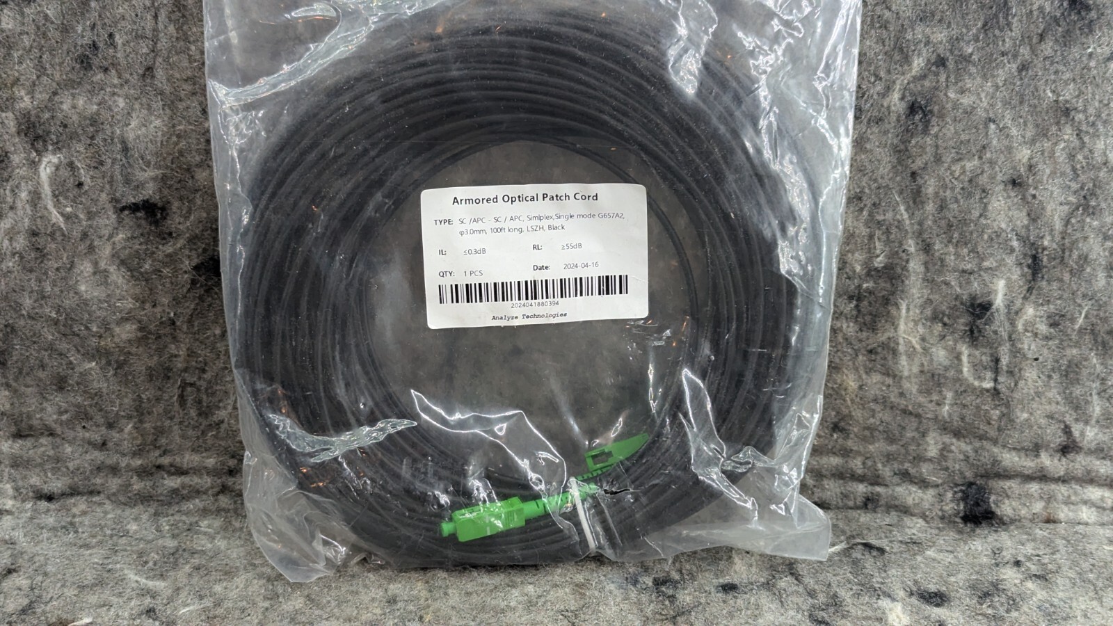 100 ft Armored Fiber Optic Patch Cord SC/APC – SC/APC, Simplex, Singlemode G657A