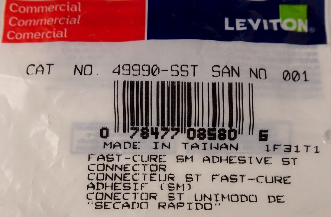 Leviton 49990-SST Fast-Cure Single Mode ST Fiber Optic Connector, New