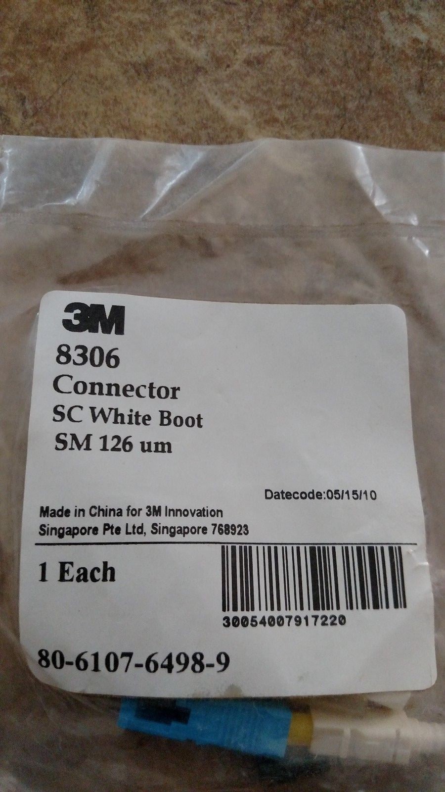 3M 8306 Epoxy Jacketed SC Connector; Singlemode, 126 um, Blue/White Boot, Qty 10