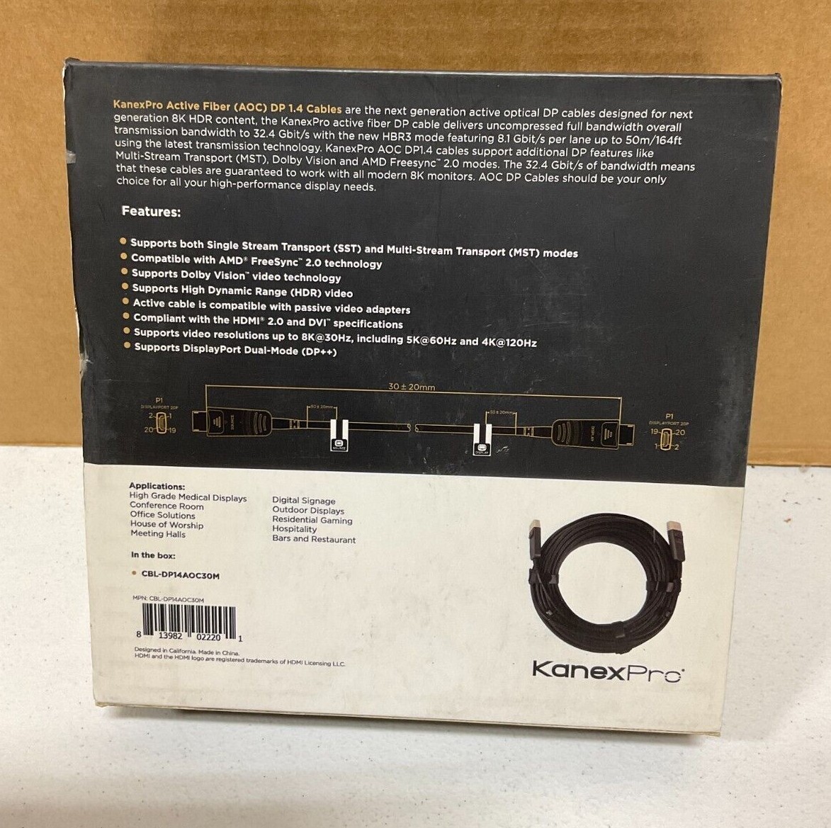 KanexPro Active Fiber DisplayPort 1.4 Cable 100 ft CBL-DP14AOC30M ✅❤️️✅