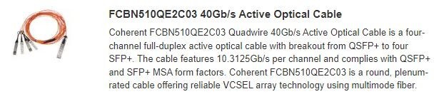 Coherent Finisar 4x10Gb/s QSFP-4xSFP+ 3m Breakout Active Optical Cable (AOC)