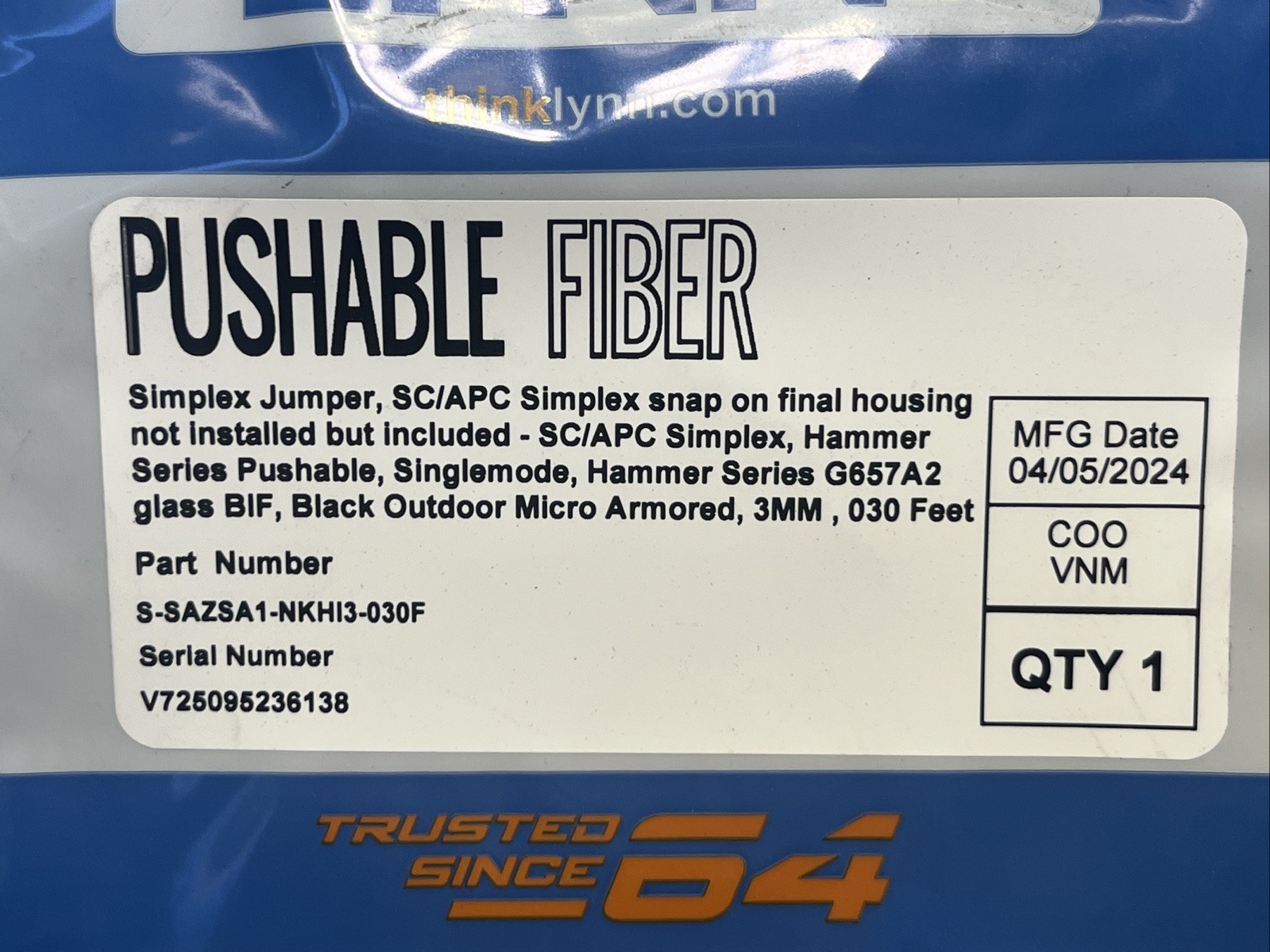 LYNN S-SAZSA1-NKHI3-030F PUSHABLE FIBER CABLE SIMPLEX JUMPER SC/APC 30ft