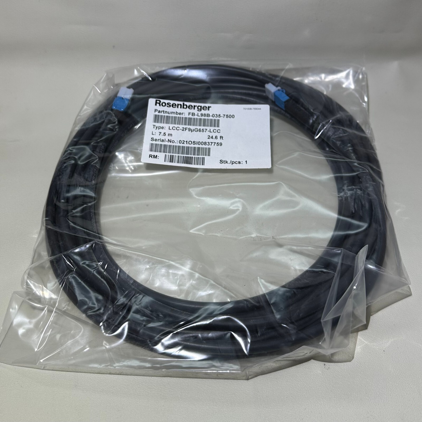Rosenberger FB-L98B-035-7500, Fiber Jumper Cable 7.5 M 24.6′ FT LLC-2FG657-LCC