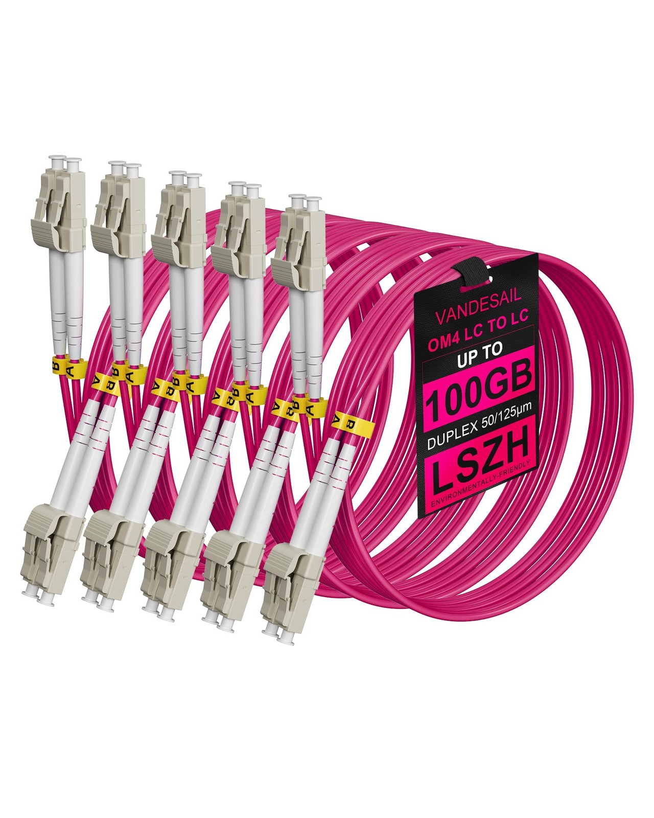 5 Pack 2M 6.5FT LC to LC OM4 Fiber Patch Cable, Multimode Duplex, 50/125m, LSZH