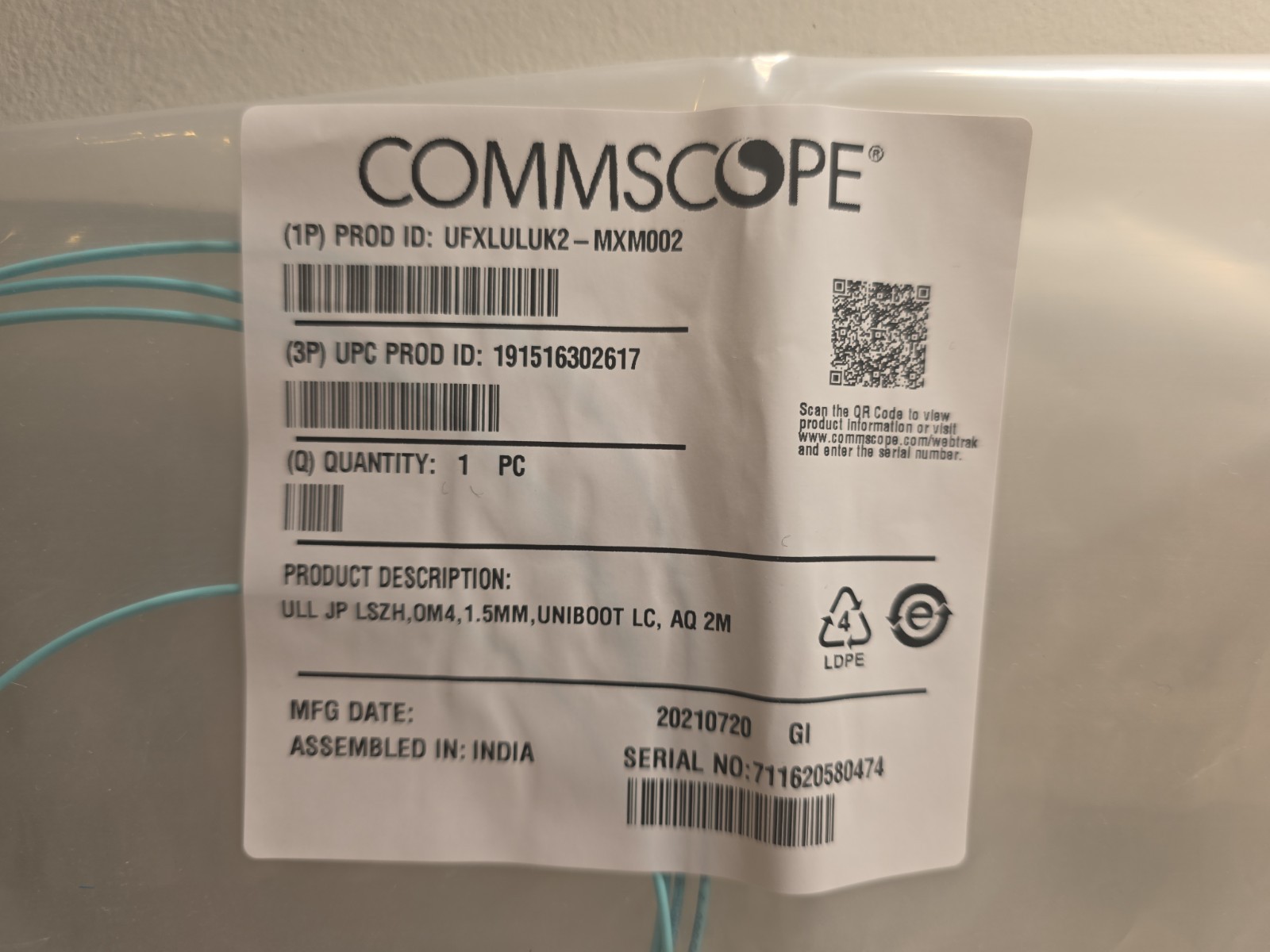 Lot of 5 CommScope OM4 Fiber Patch Cable 2M LCDuplex LazrSPEED Multimode Uniboot