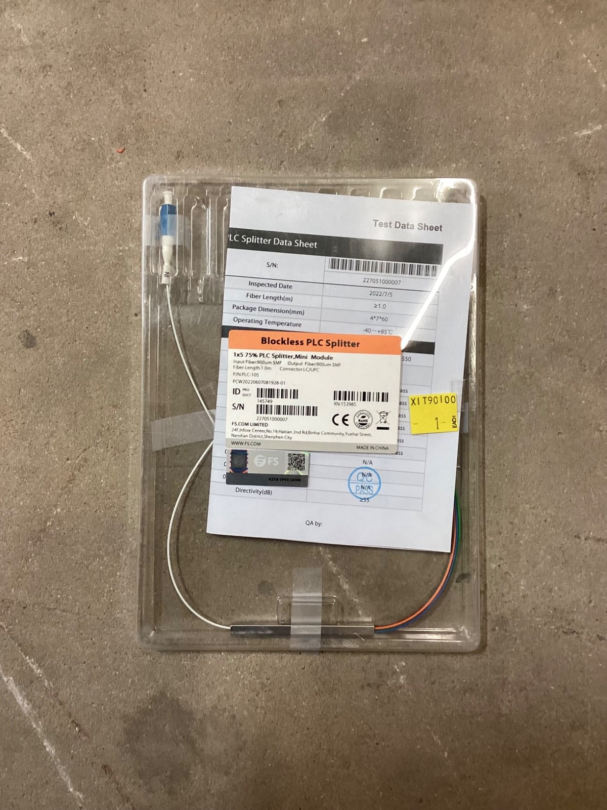 1 x 5 75% PLC Fiber Splitter, Singlemode Mini Module, LC/UPC 1.0M 153985 PLC-105
