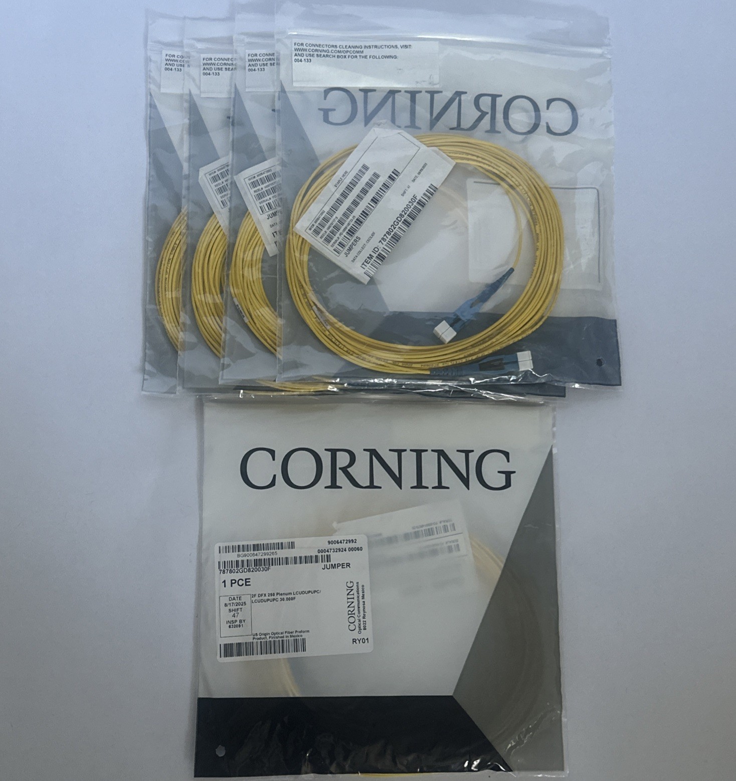 5 CNT CORNING 30ft 2F OM4 DFX 250 Plenum LCUDUP/LCUDUP Fiber Optic Jumper Cable