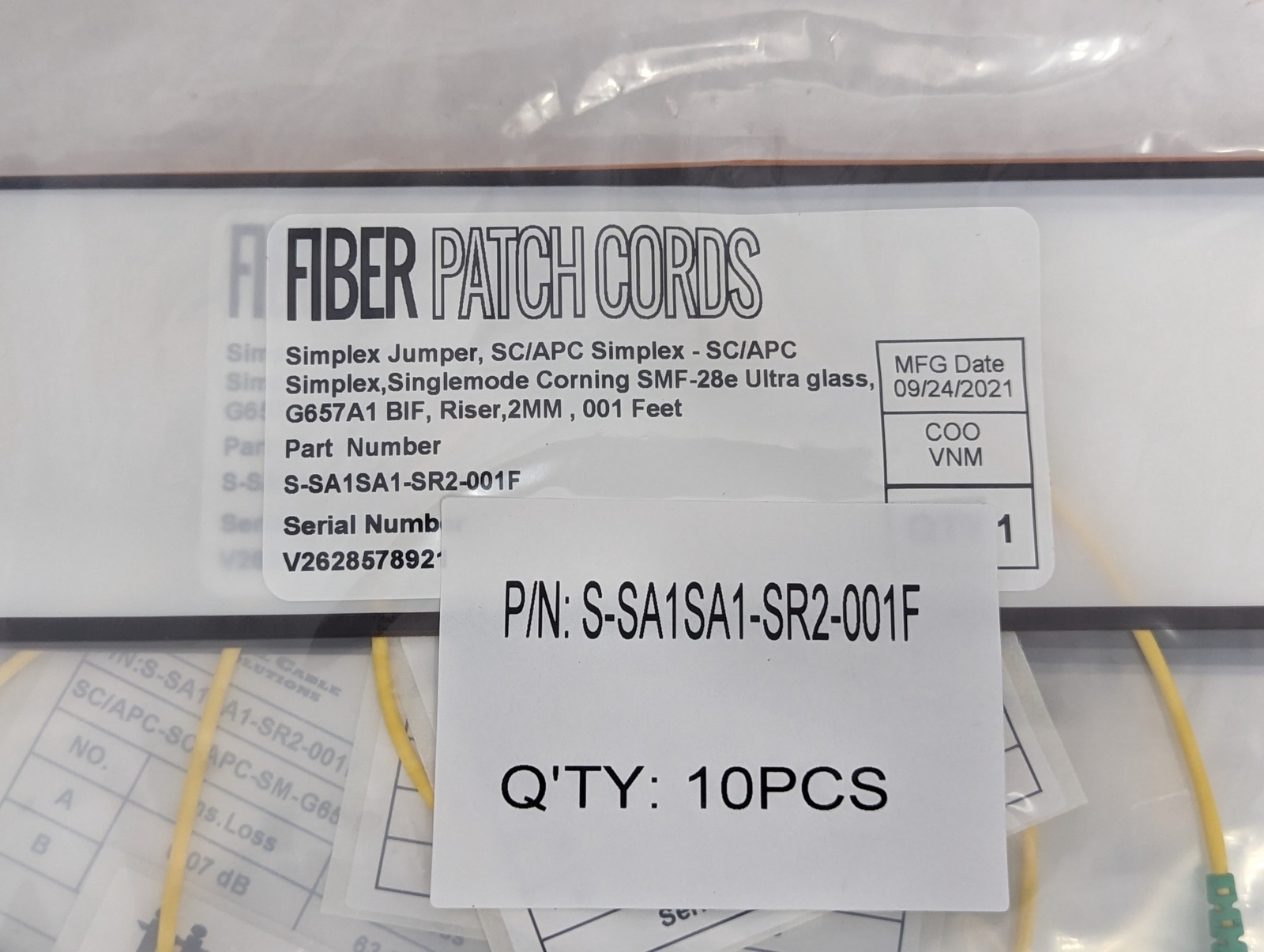 Lot of 10 Fiber Optic Jumper SC/APC to SC/APC Single Mode OS2 1FT Corning Glass