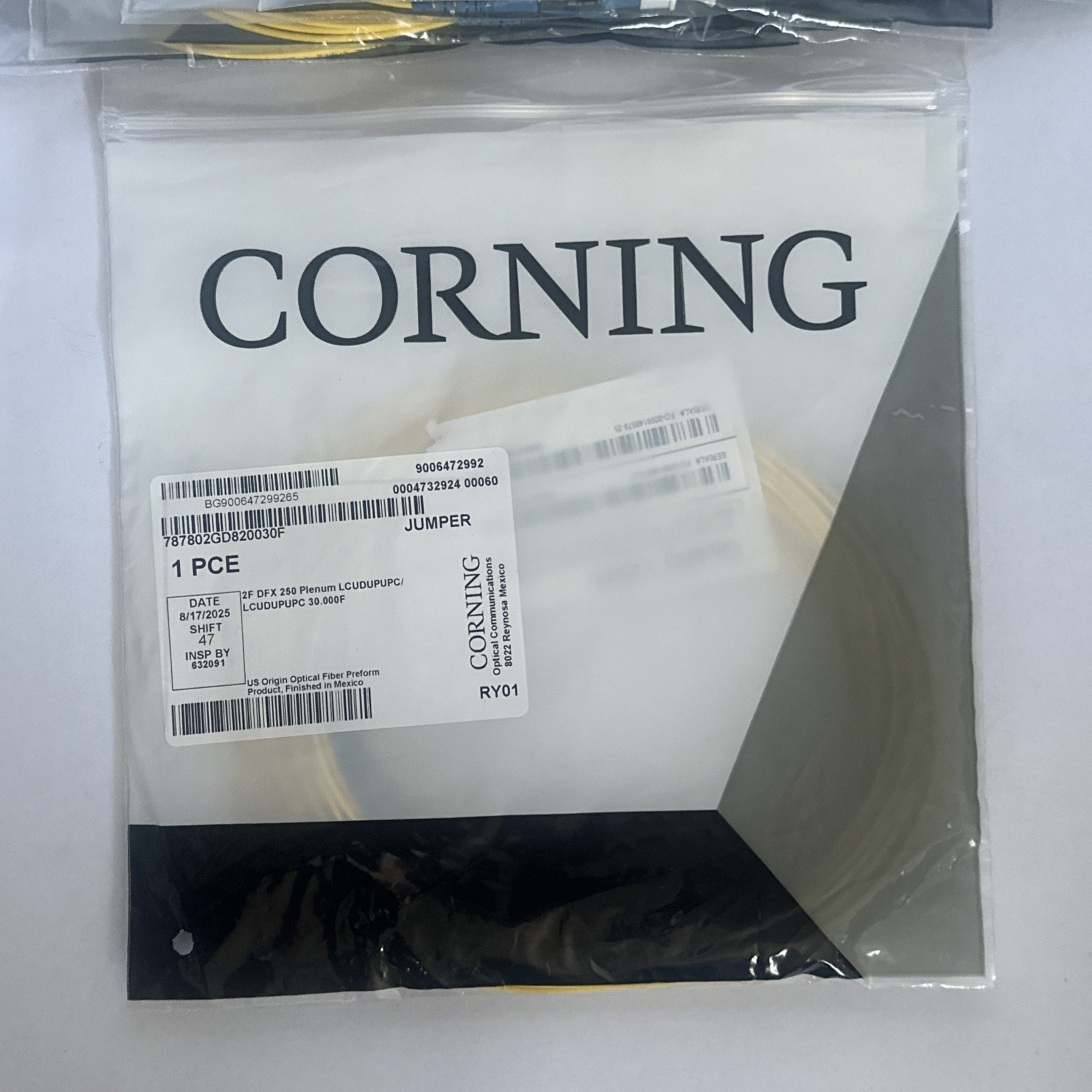 5 CNT CORNING 30ft 2F OM4 DFX 250 Plenum LCUDUP/LCUDUP Fiber Optic Jumper Cable
