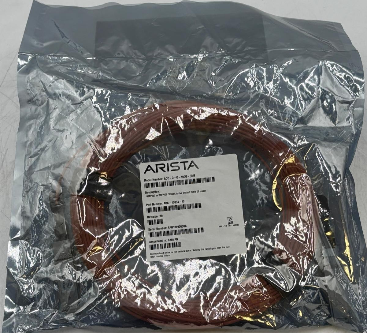 ARISTA AOC-Q-Q-100G-30M Active Optic Fiber Cable AOC-10034-20 – NEW