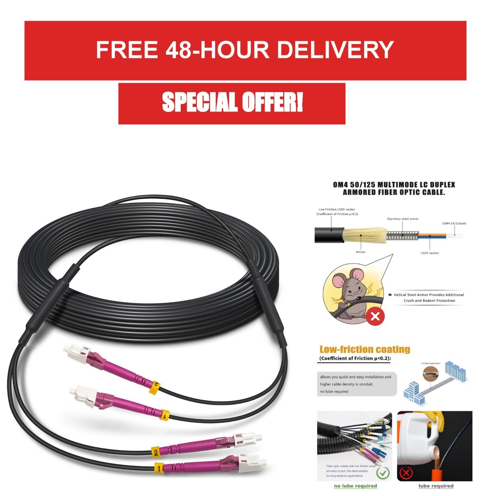 100ft Armored OM4 LC to LC Fiber Patch Cable 10G/40G/100G Indoor/Outdoor