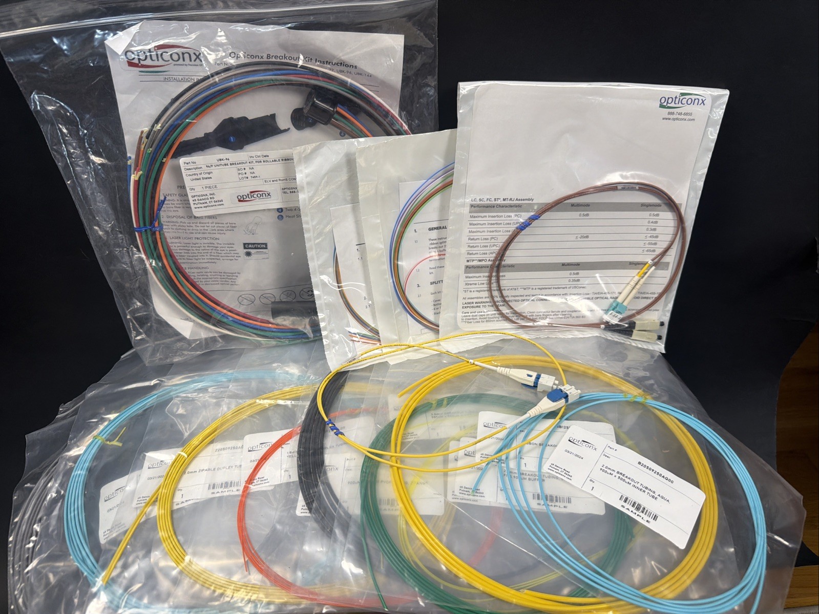 Opticonx Fiber Optic Installation Lot – UBK-96 Breakout Kit Splitters Tubbing Ca
