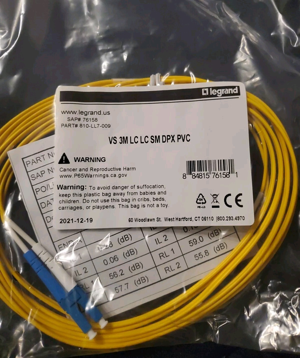 Legrand 76158 VS 3M LC LC SM DPX PVC Fiber Patch Cable. (Yellow)