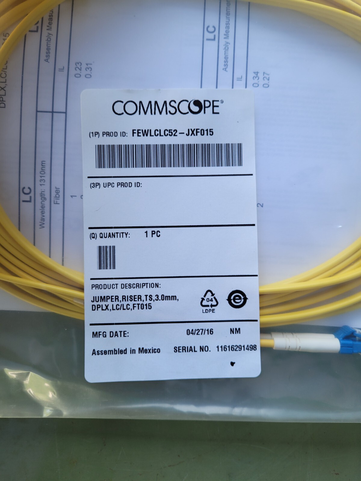 New FEWLCLC52-JXF015 Duplex LC to LC 15FT 3.0 Mm Fiber Patch Cable w/ Test Data