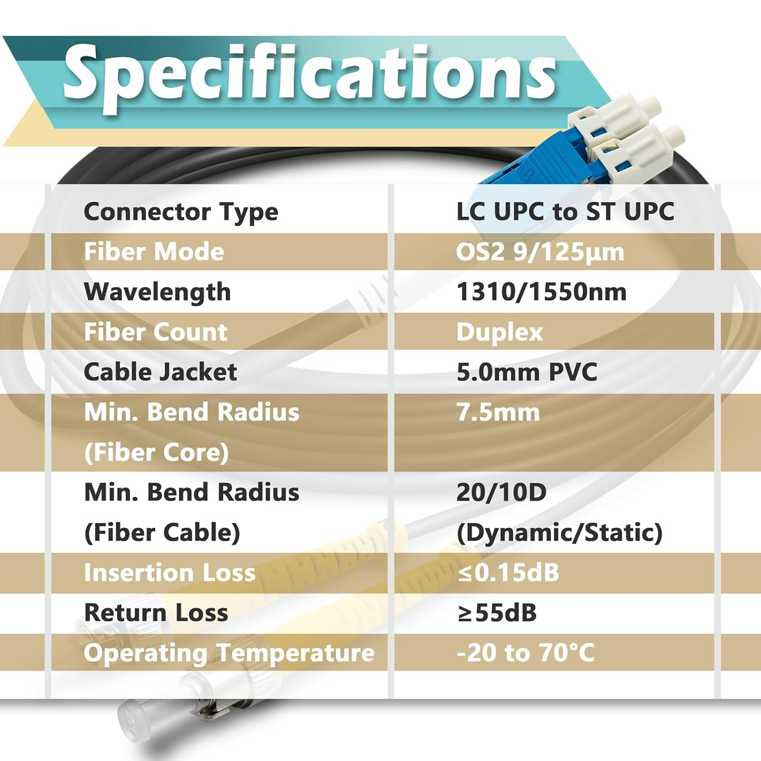 330Ft Armored LC to ST Single Mode Fiber Cable, Duplex 9/125um, Black