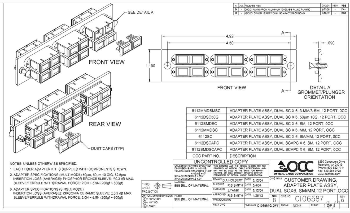 OCC Fiber Adapter Plate 6112DSC, 12-port, SC, MM/SM, Ceramic Sleeve