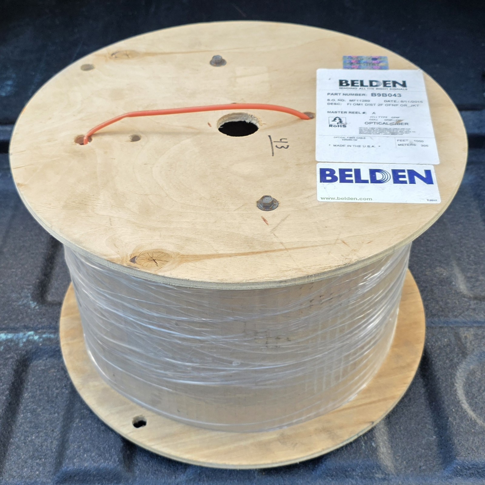 NEW 1000ft Roll of Belden B9B043 Fiber Cable, 2f Multimode OM1, 2-Fiber