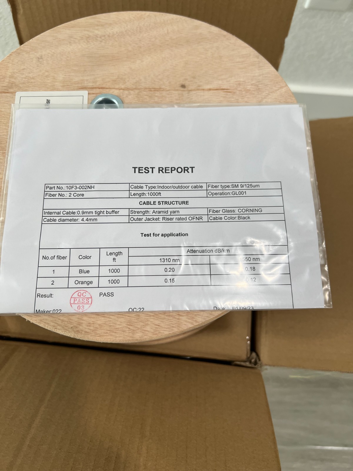 2 Strand Singlemode Corning Fiber OS2 9/125 Black OFNR Riser Rated 1000FT Tested