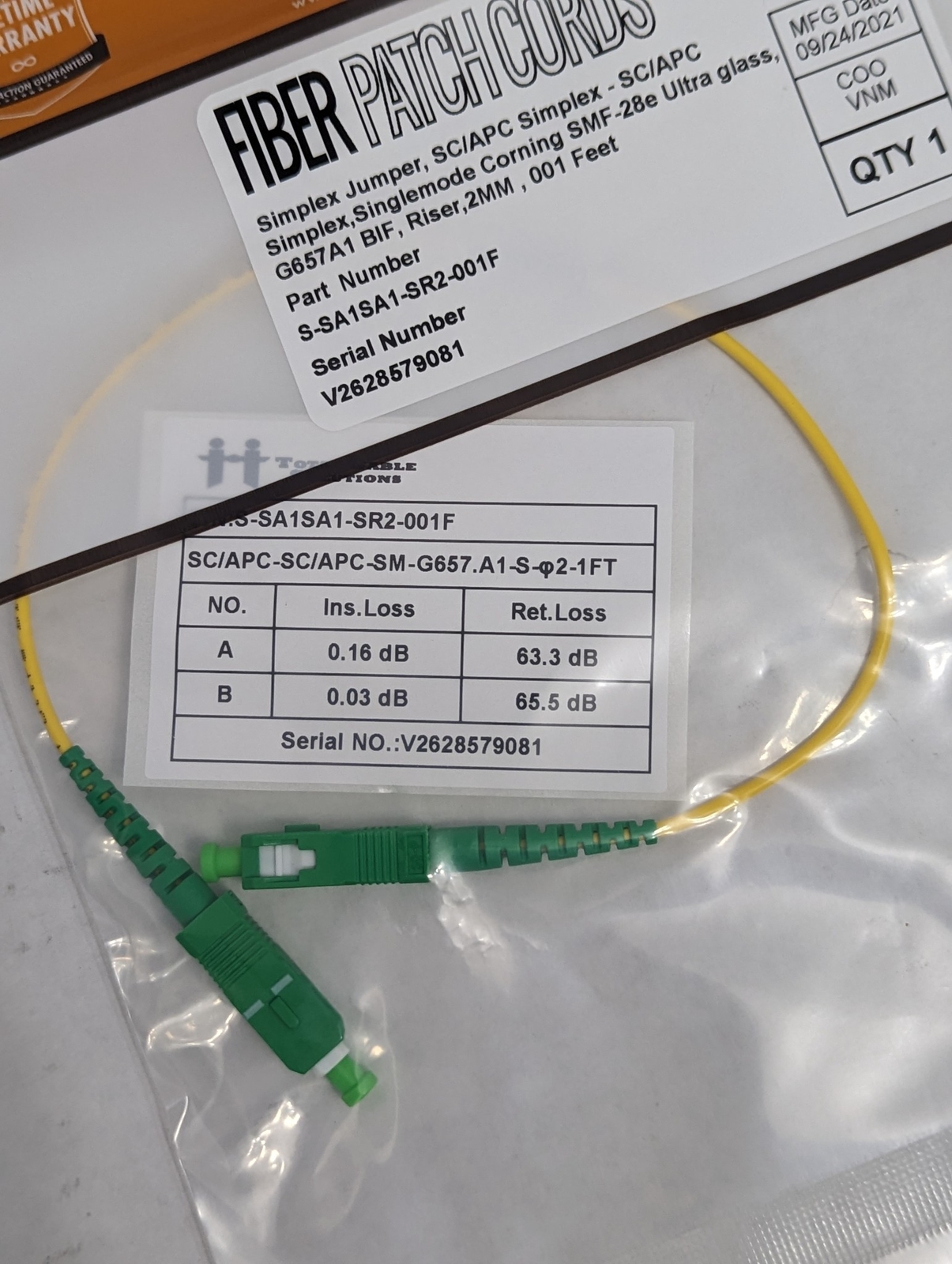Lot of 10 Fiber Optic Jumper SC/APC to SC/APC Single Mode OS2 1FT Corning Glass