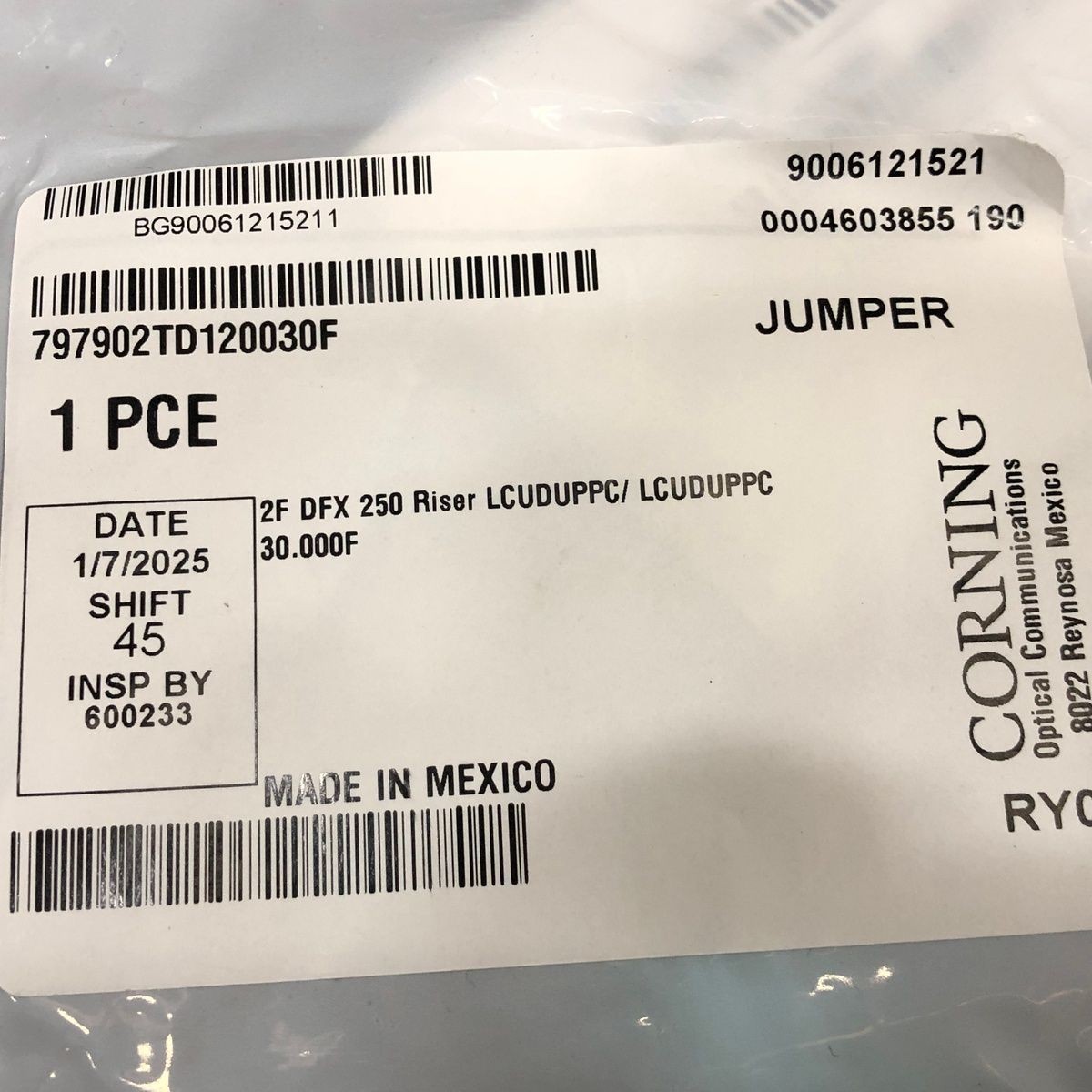 CORNING Fiber Patch Jumper Cables OM3 LC to LC Duplex Aqua Multimode, 50-Count